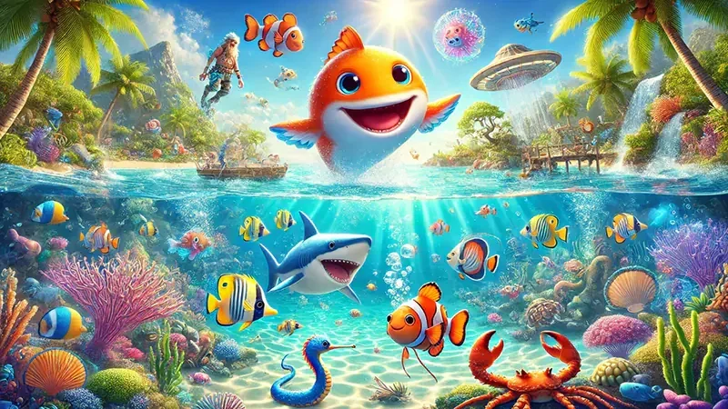 Ilustrasi permainan tembak ikan dengan target laut berwarna